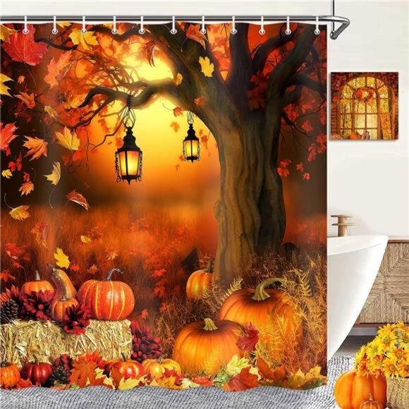 New Fall Harvest Pumpkin Shower Curtain w/Autumn Leaves -69x70" Farmhouse Decor - Picture 4 of 7